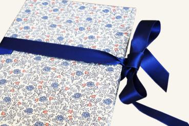 Leporello mini photo album, delicate blue flowers, blue ribbon